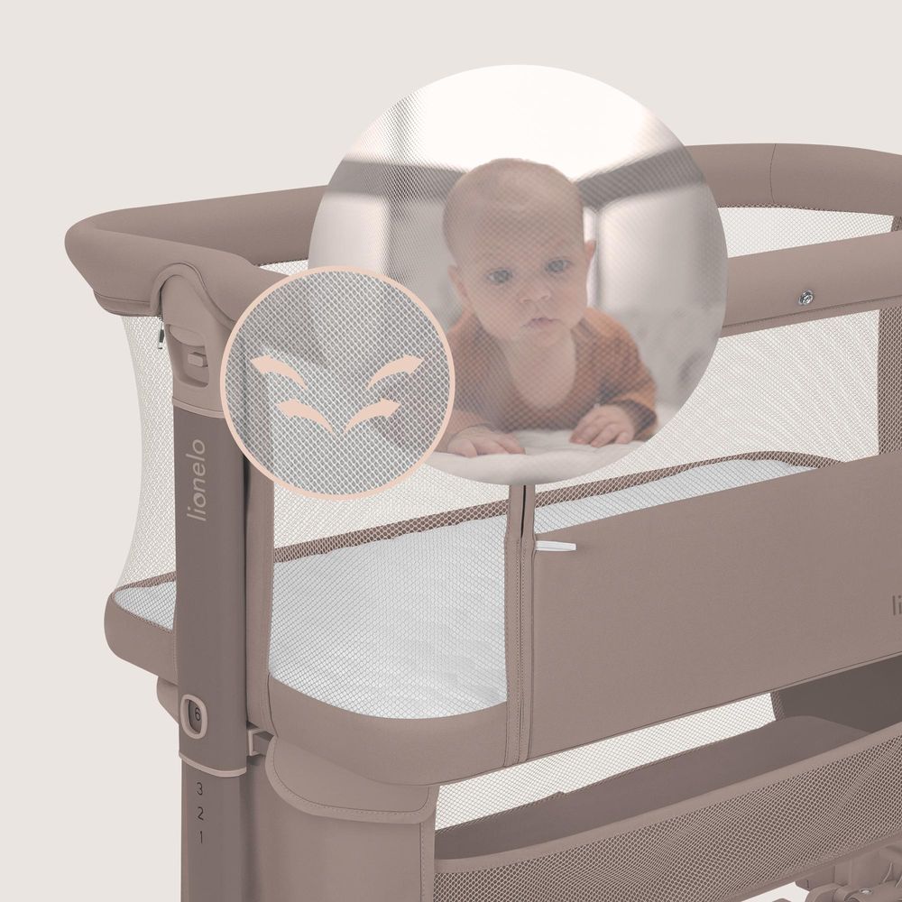 Lionelo Jodie 3in1 Baby Beistellbett Wiege Babybett Höhenverstellbar Matratze Moskitonetz - Beige Taupe