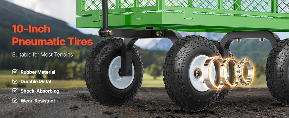 VEVOR 1200 Lbs Stahl Gartenwagen, Schwerlast Ziehbarer Gartenwagen, 2 in 1 Outdoor Metall Nutzwagen mit 13" All-Terrain Reifen, Abnehmbare Netzseiten und 180° drehbarem Griff, Grün-900 lbs