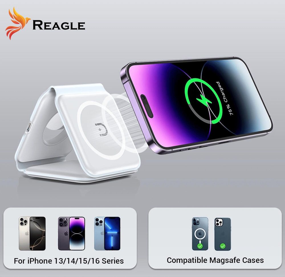 3-In-1 Wireless Ladestation Kabellose Faltbar Induktives Ladegerät Magsafe Qi 15W Kompatibel Mit Apple Iphone 16, 15 Airpods  Smartwatch, Ladeständer Reagle