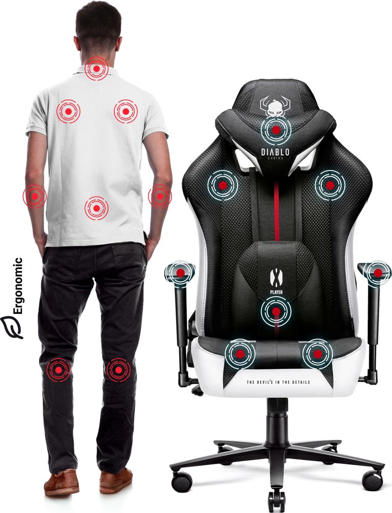 Diablo X-Player Gaming Stuhl Bürostuhl Schreibtischstuhl Stoff 3D Armlehnen Ergonomisch Nacken/- Lendenkissen Farbe: Weiß-Schwarz, Größe Normal
