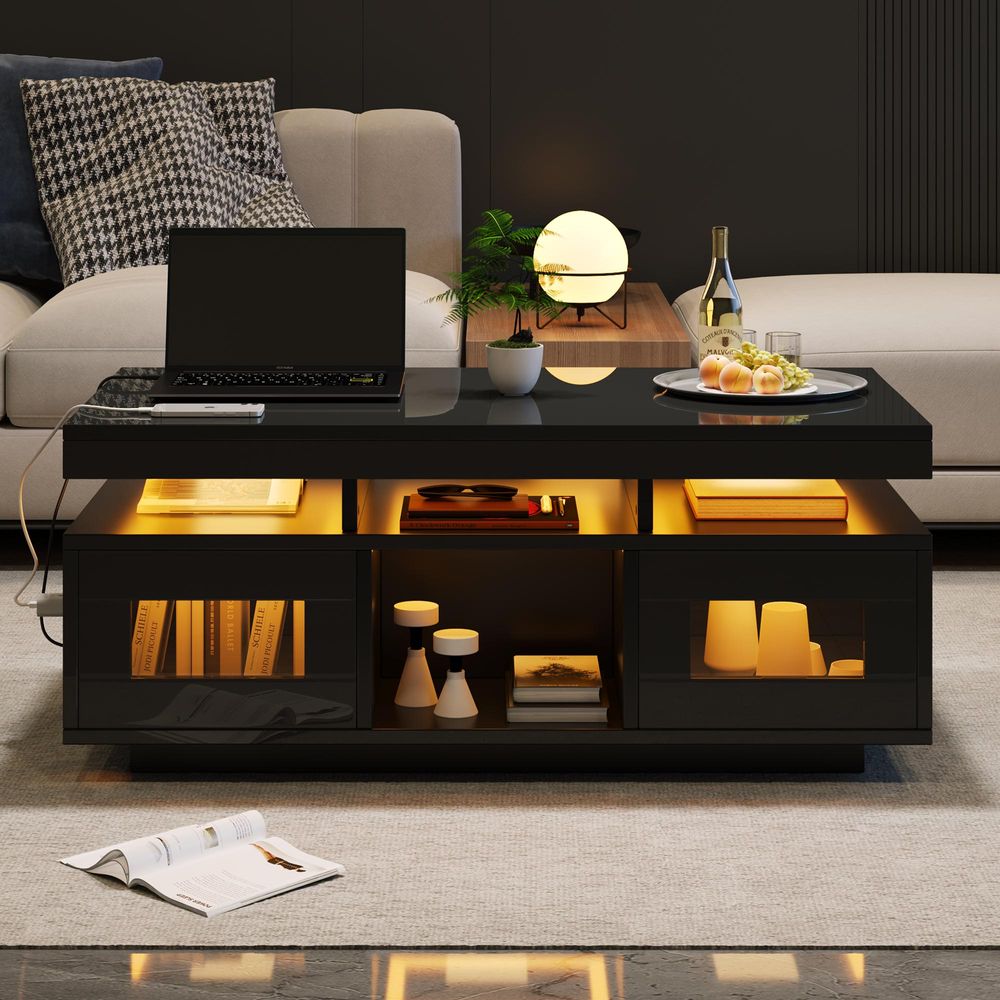 Merax Couchtisch Hochglanz Schwarz 100x50x43cm, LED-Tisch mit App-Steuerung, Schrank, USB & Steckdose, Modernes Wohnzimmer/Büro