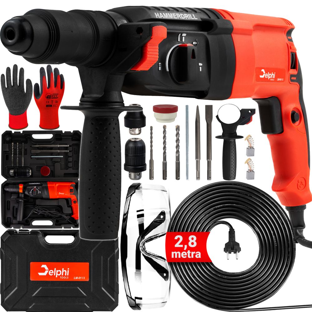 Delphi Bohrhammer, Schlagbohrhammer, SDS+ power, Bohren, Schmieden, 2600 W, 4J, großer Satz, Schlagzahl: 4000/min, Selbstklemmendes Bohrfutter, 4 Betriebsarten