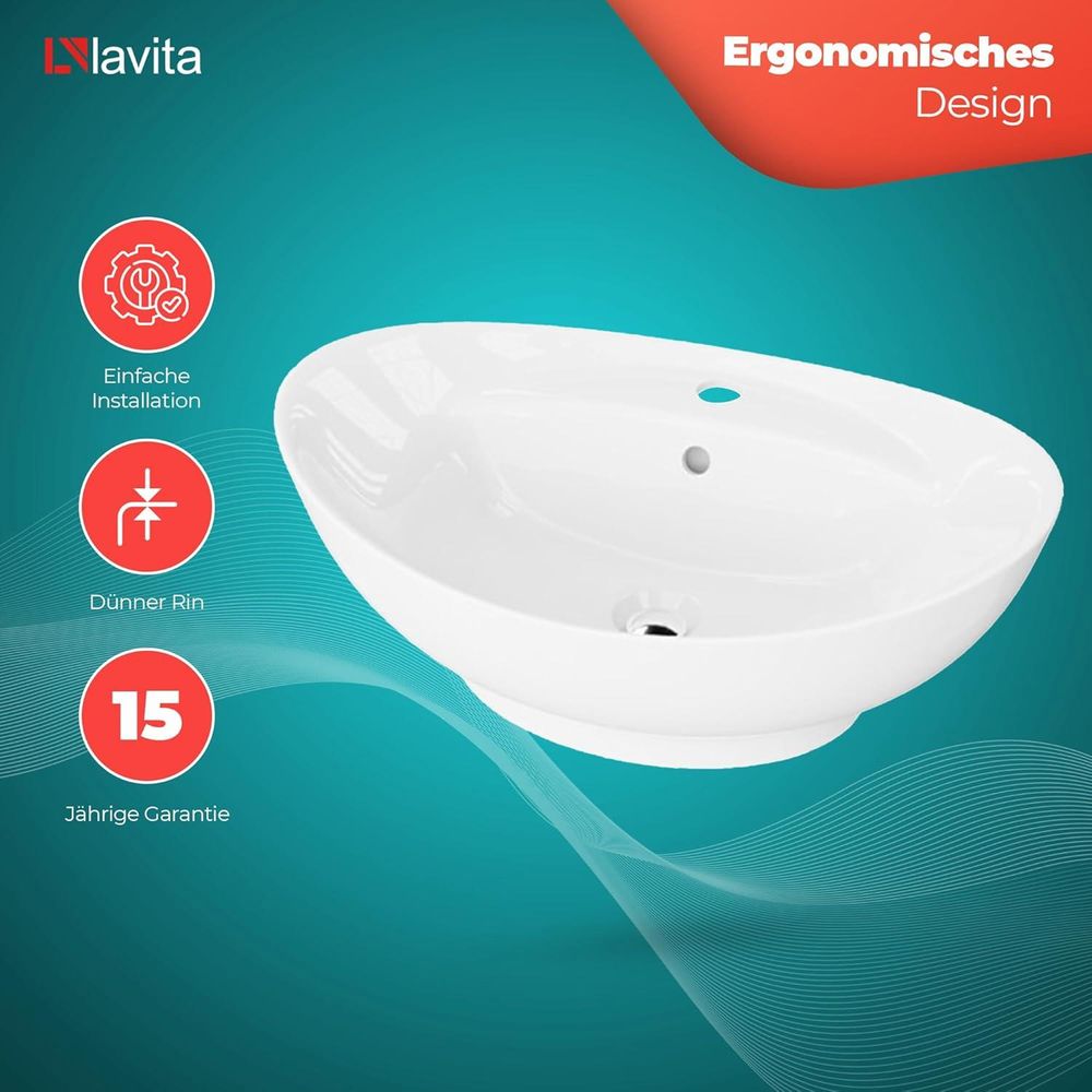 LAVITA Aufsatzwaschtisch Terra| Aufsatzwaschbecken Oval| Waschbecken mit Überlauf und Hahnloch | Aus hochwertigem Porzellan | Waschtisch | 59,5x39x17,5 cm | Weiß