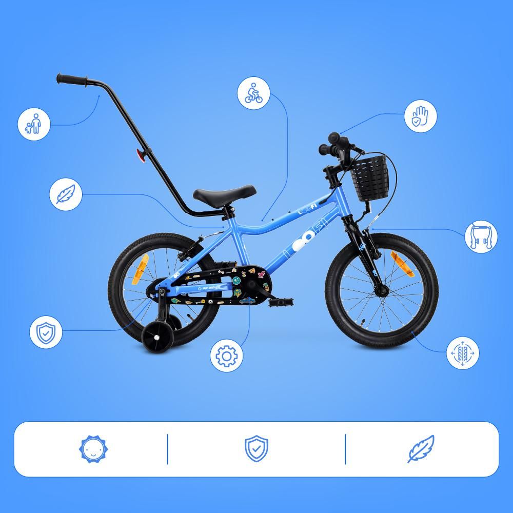 Bicicleta infantil azul sobre fondo azul, resaltando su ligereza y características técnicas.
