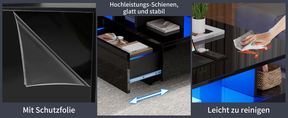 MODFU Hochglanz- Couchtisch Schwarz Wohnzimmertisch mit LED-Beleuchtung,Beistelltisch mit 2 Schubladene,Sofatisch für Schlafzimmer