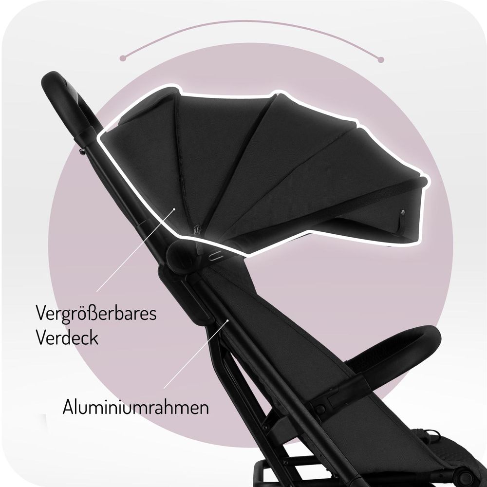 MoMi ANDREA – Ultraleichter Baby Kompaktbuggy 7,3 kg mit automatischer Faltung & Drehbügel, bis 22 kg, inkl. Rucksack & Zubehörset – Schwarz