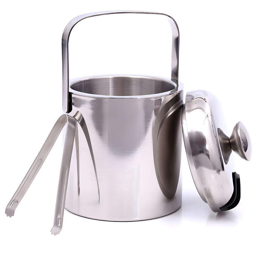 Eiseimer aus Edelstahl mit Deckel & Zange Eiswürfelbehälter Eisbehälter Serviereimer Doppelwandig 1.3 Liter Silber Retoo
