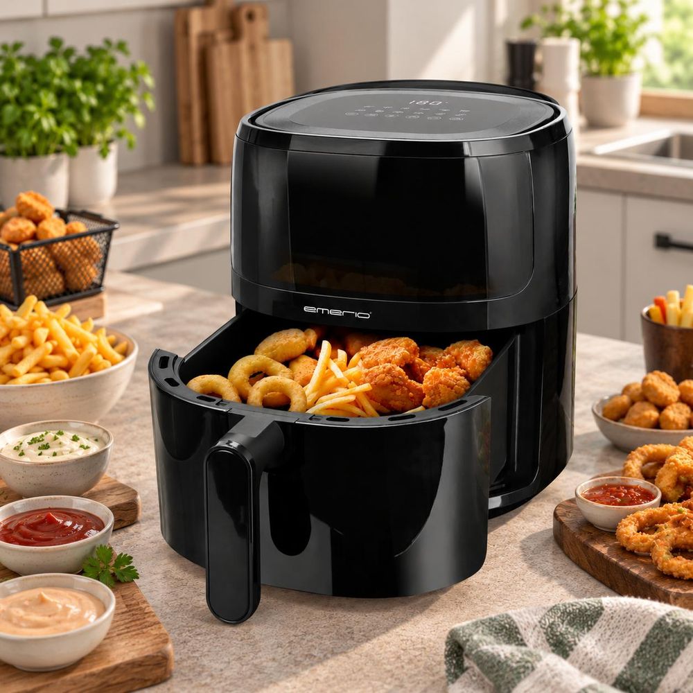 Emerio Airfryer XL AF-129329.3 – 5 L – 12 Kookprogramma’s – 80 tot 200 °C – Digitaal Display – Timer – Kijkvenster – Zwart