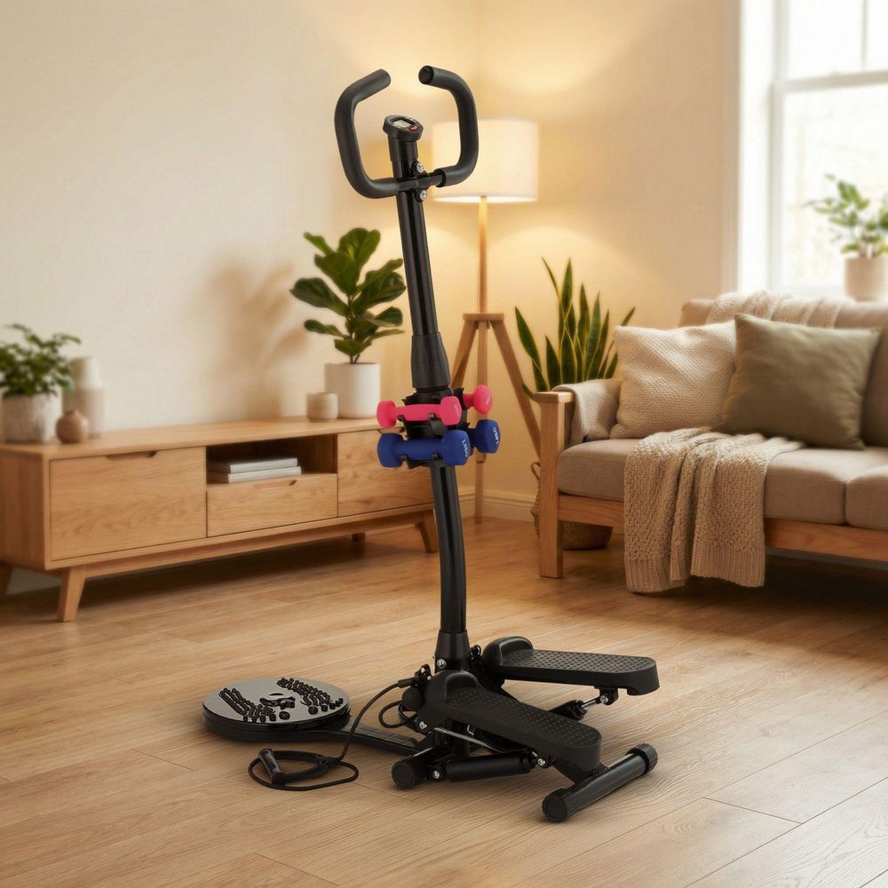 Multifunktionaler Heimtrainer mit Stepper, Twister und rosa-blauen Hanteln