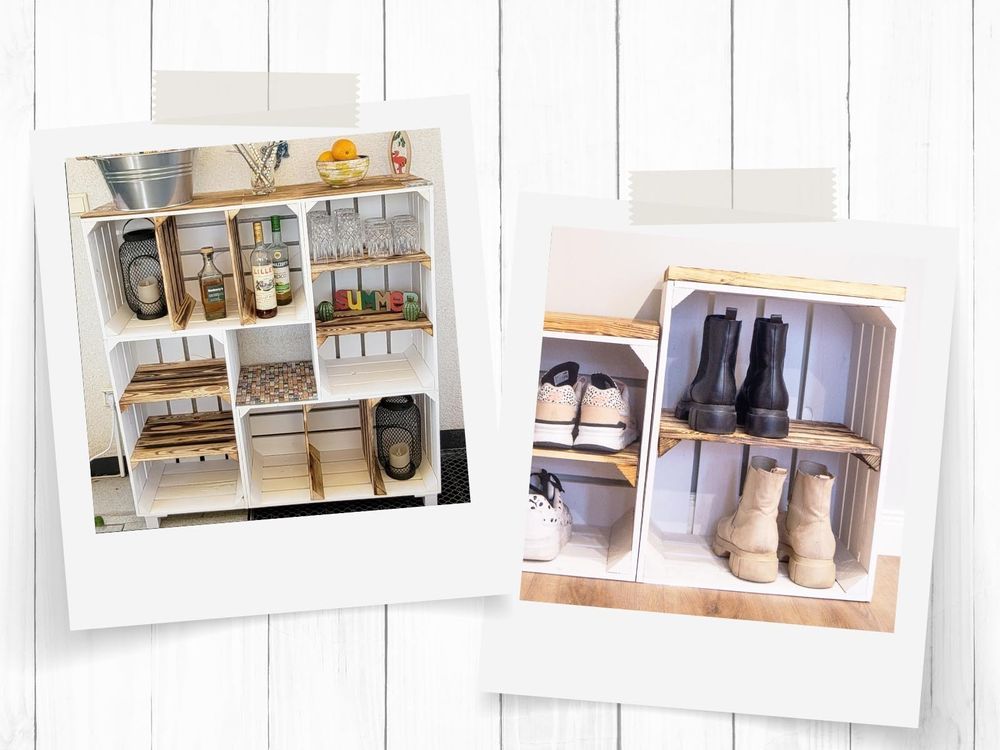 Das Bild zeigt zwei Beispiele, was man aus den Kisten bauen kann. Ein Schuhregal und eine Bar.