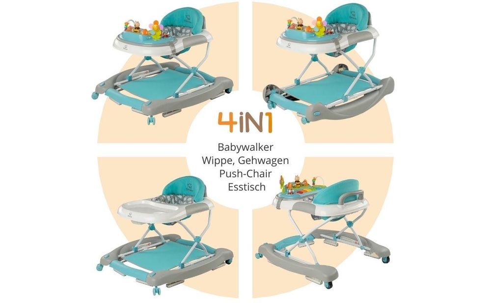 BRONEA® 4-in-1 Gehfrei Baby Lauflernwagen Schaukel Lauflernhilfe Babywalker mit Schaukelfunktion, Licht & Musik | Höhenverstellbar & Klappbar - Türkis