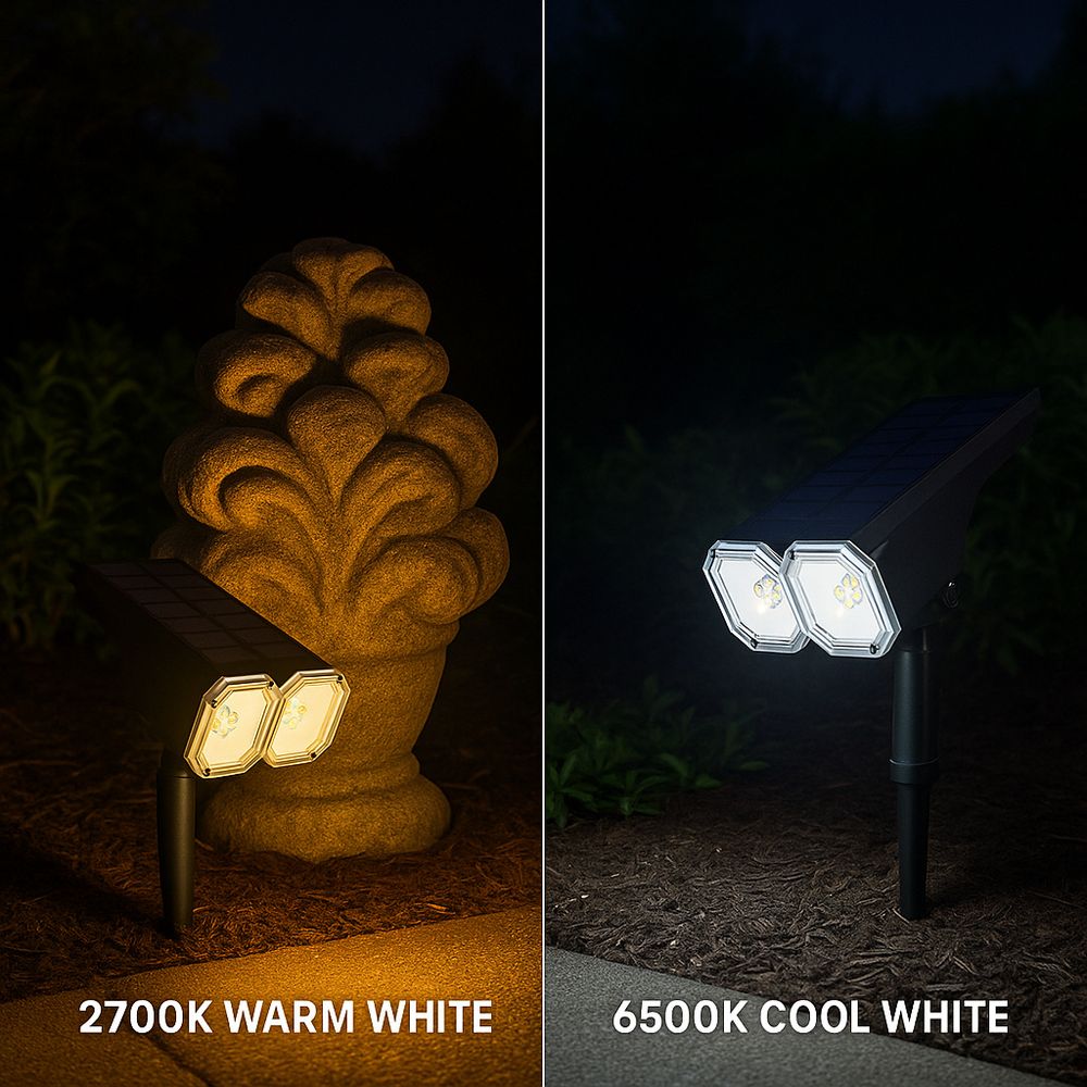 Solarlampe beleuchtet Skulptur mit warmem Licht, eine andere Lampe mit kaltem.