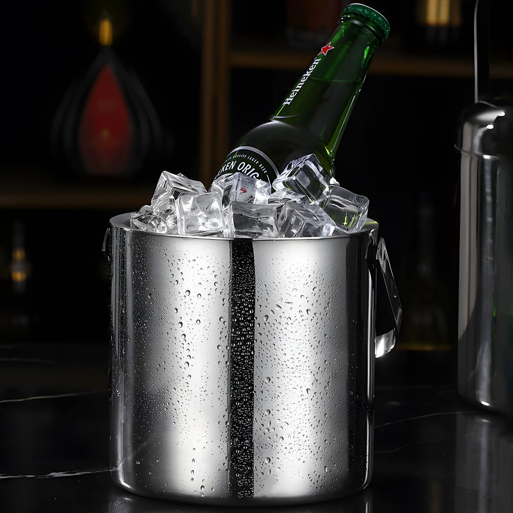 Eiseimer aus Edelstahl mit Deckel & Zange Eiswürfelbehälter Eisbehälter Serviereimer Doppelwandig 1.3 Liter Silber Retoo