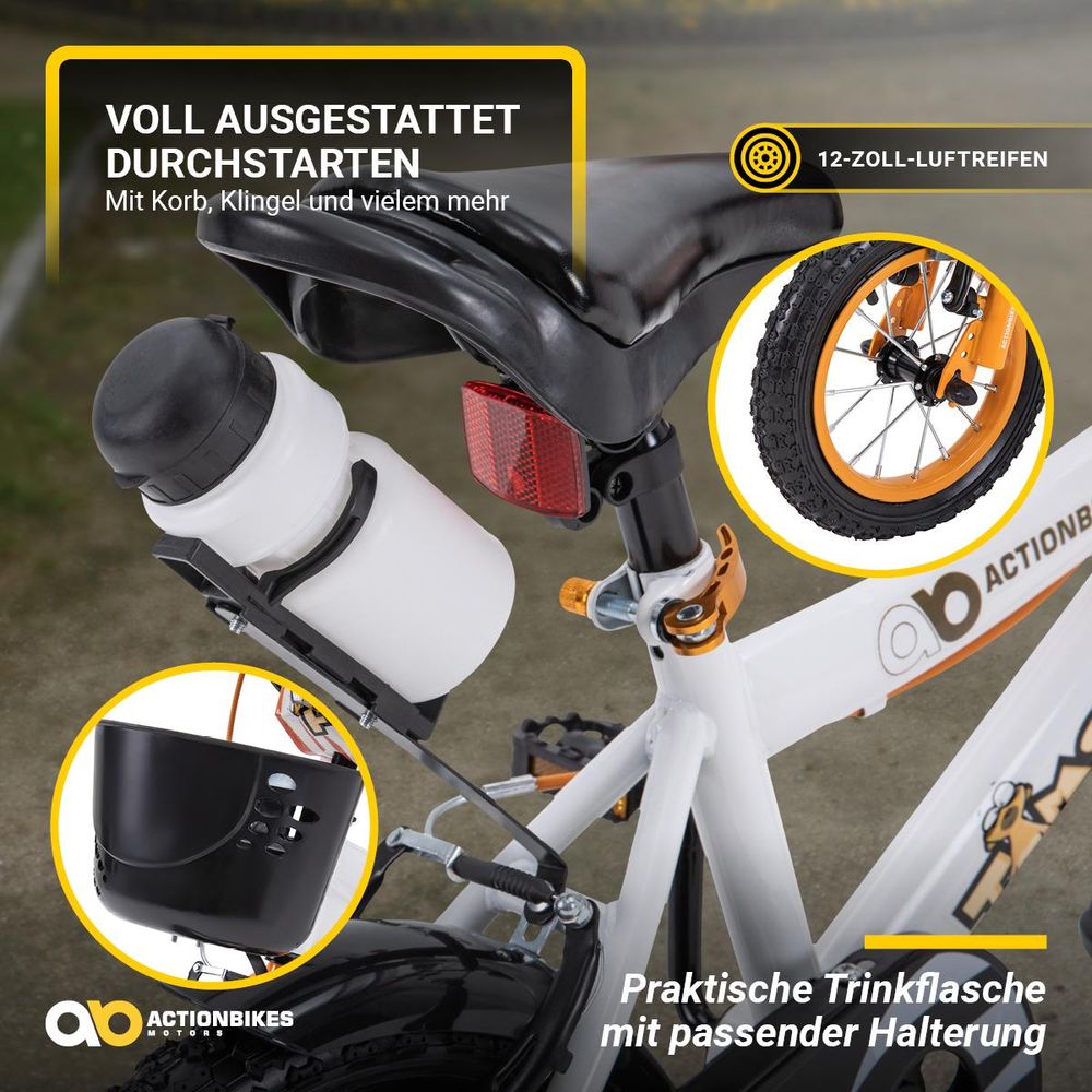 Actionbikes Kinderfahrrad Timson 12 Zoll | Kinder Fahrrad - Mädchen Rad - Jungen Bike - Kinderrad - V-Brake Bremsen - Korb - Stützräder - 2-5 Jahre