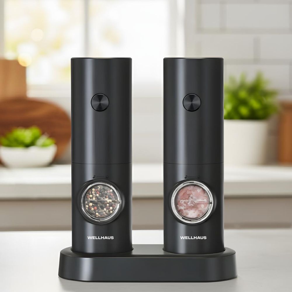 WELLHAUS Salz und Pfeffermühle Elektrisch - 2er Set Batteriebetriebenen Elektrische Mühle mit Basis Gewürzmühle & Salzmühle