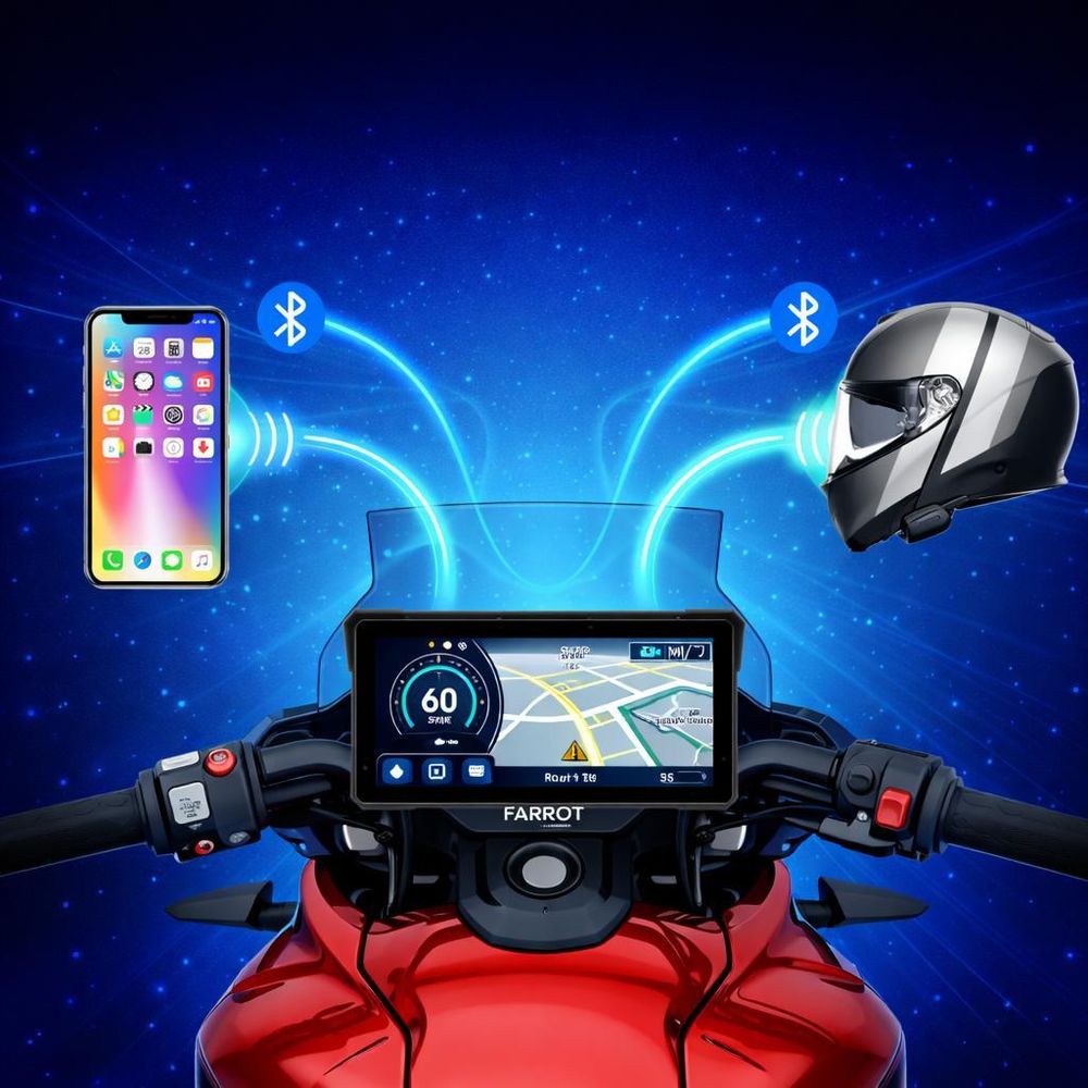 Moto navigace připojená k telefonu a Bluetooth helmě během jízdy