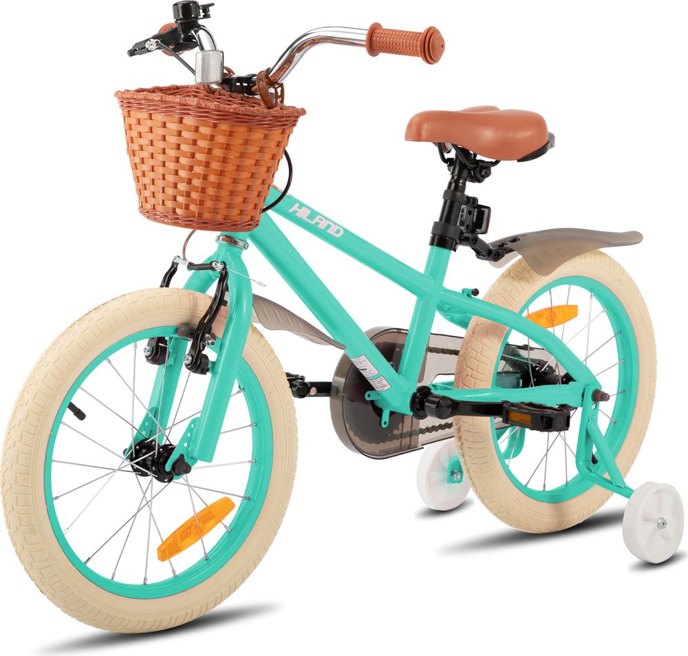 HILAND Ins Star 16 Zoll Kinderfahrrad für Mädchen Jungen 4 5 6 7 Jahre mit Stützräder, Korb, Handbremse und Rücktrittbremse, Mintgrün