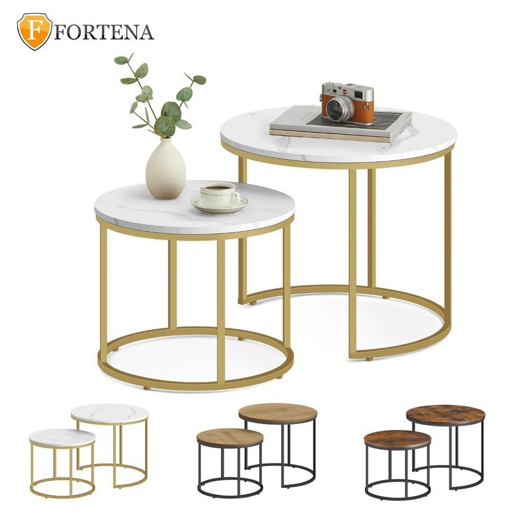 FORTENA Couchtisch Set 2tlg Rund, Marmor Look, mit goldenem Metallgestell