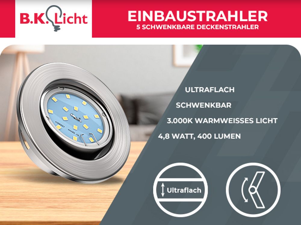 Einbauspot 68mm 5er Set - 230V, 4,8W, 400lm, LED, warmweiß, matt-nickel