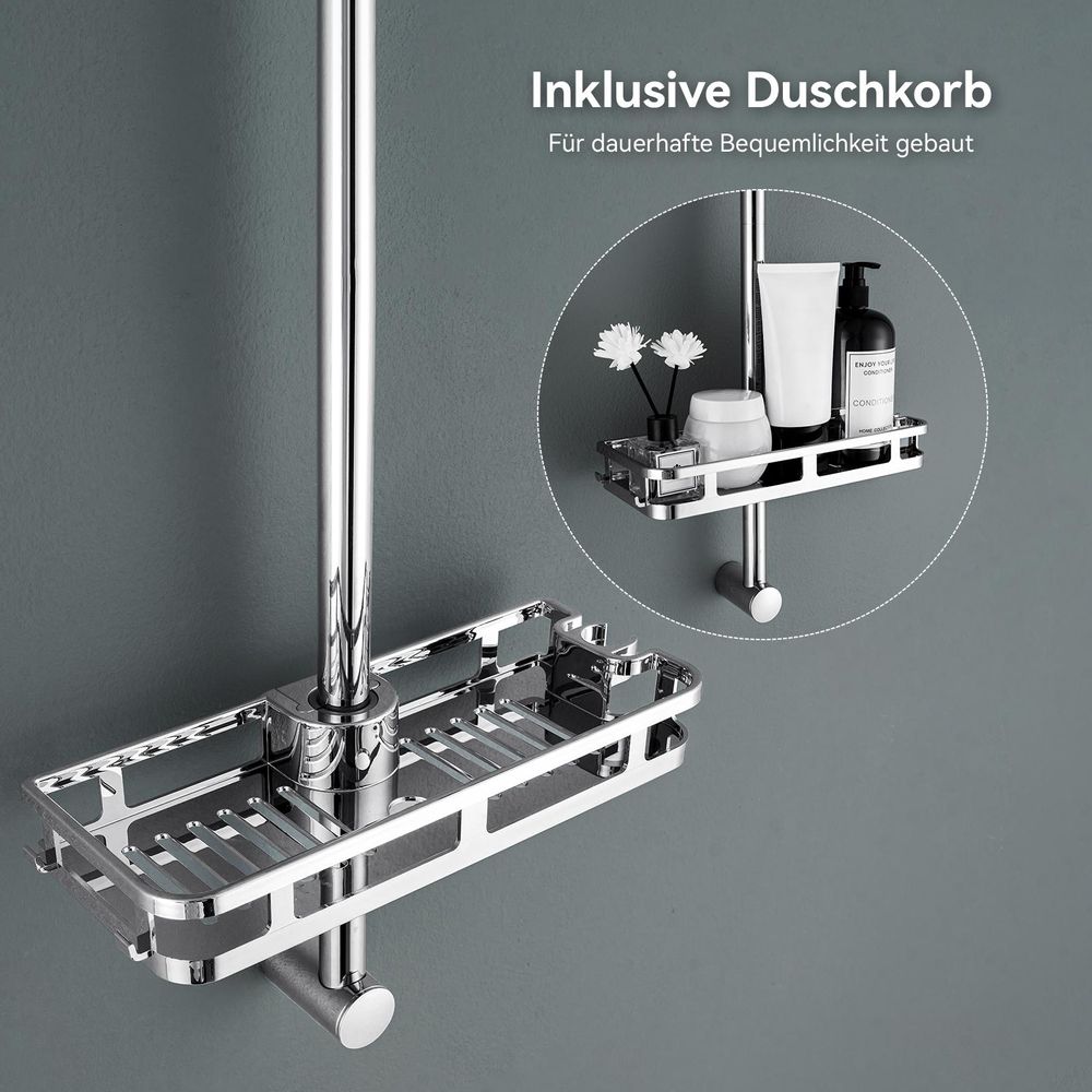 Auralum 70 cm Duschstange aus Edelstahl–Wandmontierte Duschsäule mit Ablage, kein Bohren erforderlich, moderne Duschstange, Chrom