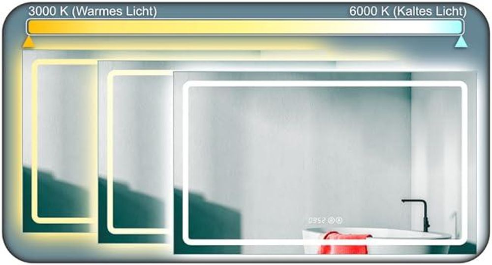 HOKO ANTIBESCHLAG LED Badspiegel 100x60cm+Uhr+Lichtwechsel Warmweiß-Kaltweiß-Neutral. Licht mit Touch Schalter/Wandschalter einschaltbar. Bochum