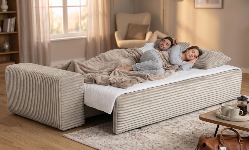Paar schläft auf ausgezogenem CORDO Schlafsofa in Breitcord Beige