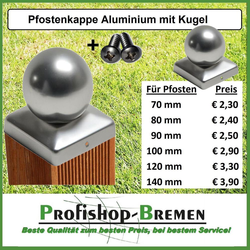 Pfostenkappe Aluminium mit Kugel für Pfosten 8x8 cm, inkl. 2x Edelstahl-Schrauben !LAGERRÄUMUNG - ALLE KUGELKAPPEN AUS ALU ZUM 1,50 EUR !