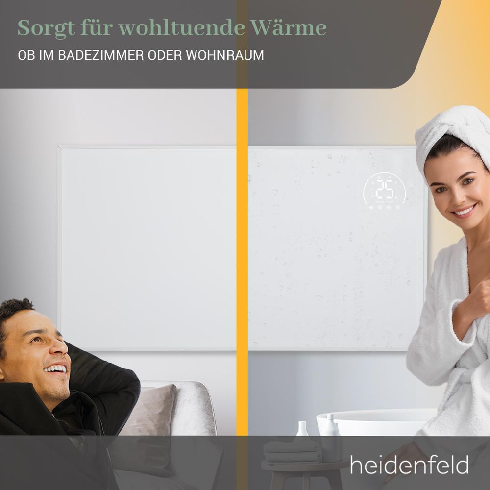Heidenfeld Infrarotheizung HF-HP140 | Bis 15 m² - Heizkörper - Heizpaneel - Infrarot - App Steuerung - Touch Bedienfeld - Kindersicherung (500 Watt)