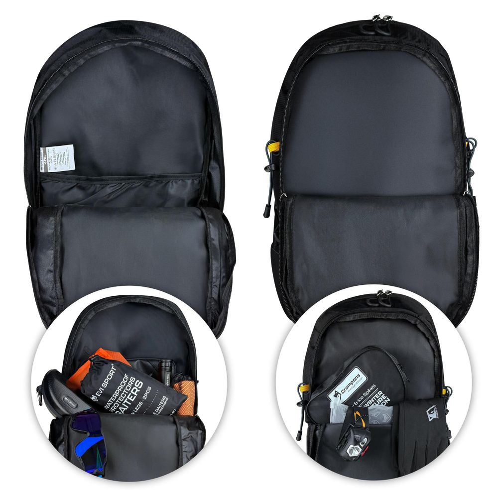Wanderrucksack 40L Trekkingrucksack Herren & Damen, Titan-Core™ Nylon Outdoor Rucksack mit Regenschutz & Hüfttaschen, EVI SPORT Explorerpack Schwarz