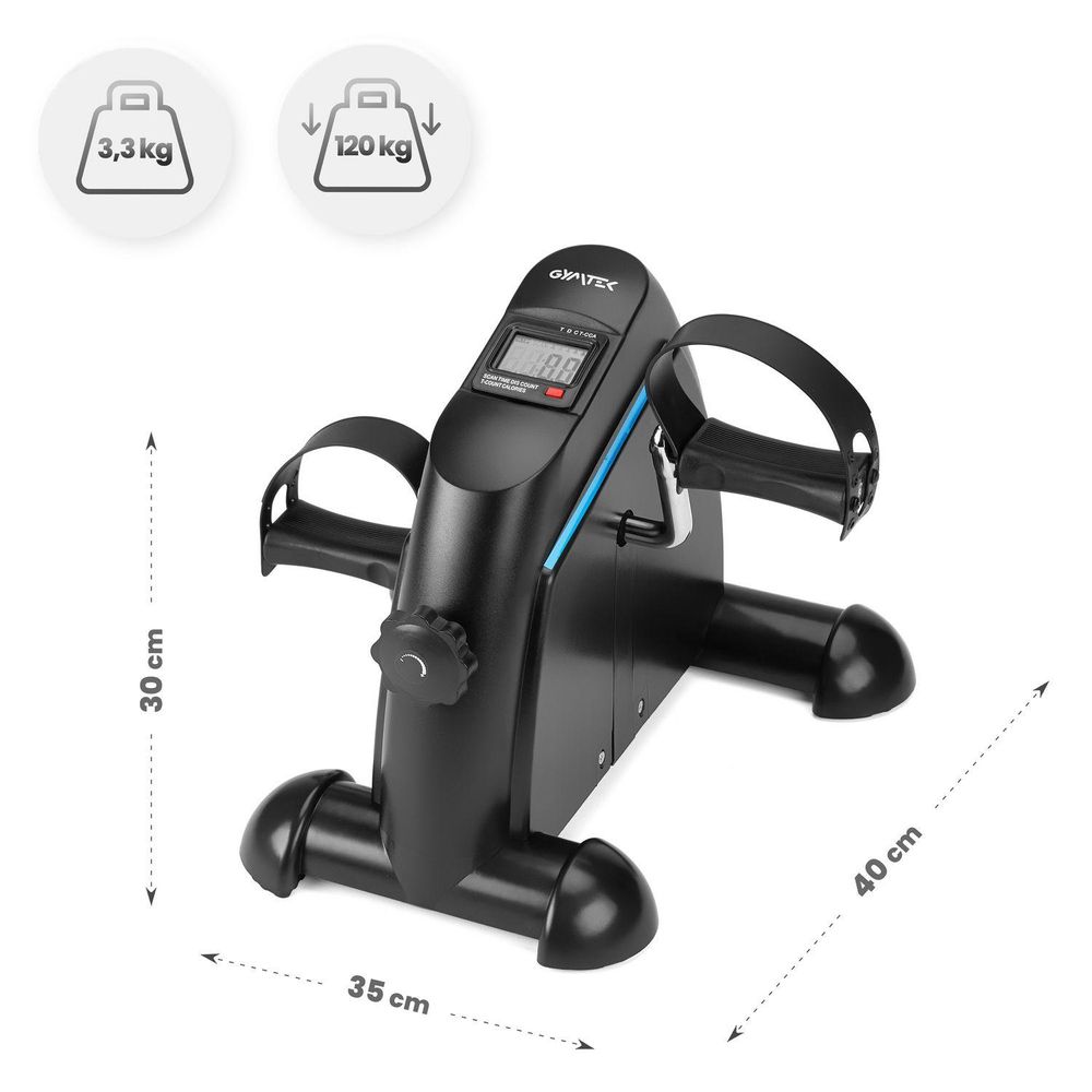 Mini-Heimtrainer (3,3 kg, max. 120 kg) mit Maßen 30x35x40 cm und Digitalanzeige