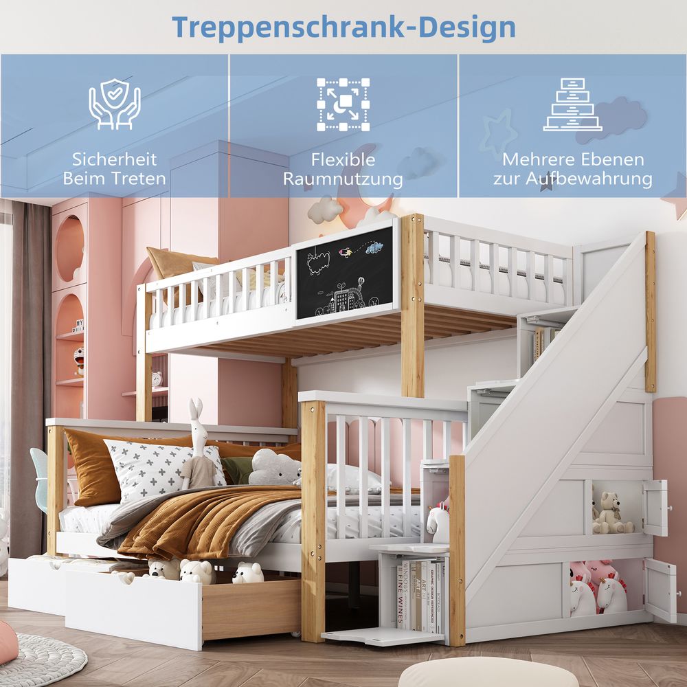 Flieks Kinderbett 90x200cm/140x200cm, Etagenbett mit Rausfallschutz, Hochbett mit Treppe und Schubladen, Massivholzbett mit Lattenrost und Tafel