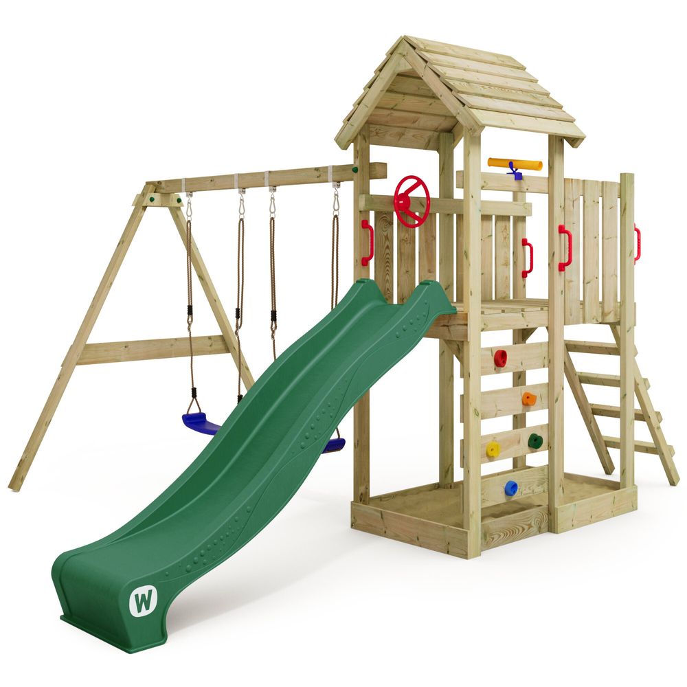 Spielturm Wickey MultiFlyer mit Holzdach und Schaukel in Grün