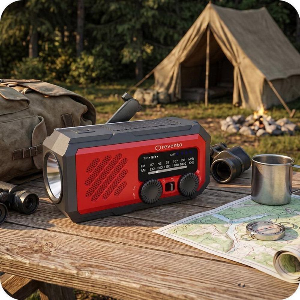 REVENTO® Solárne núdzové rádio s ručným pohonom, núdzové rádio s LED svietidlom, powerbanka pre smartfón s kapacitou 2000 mAh