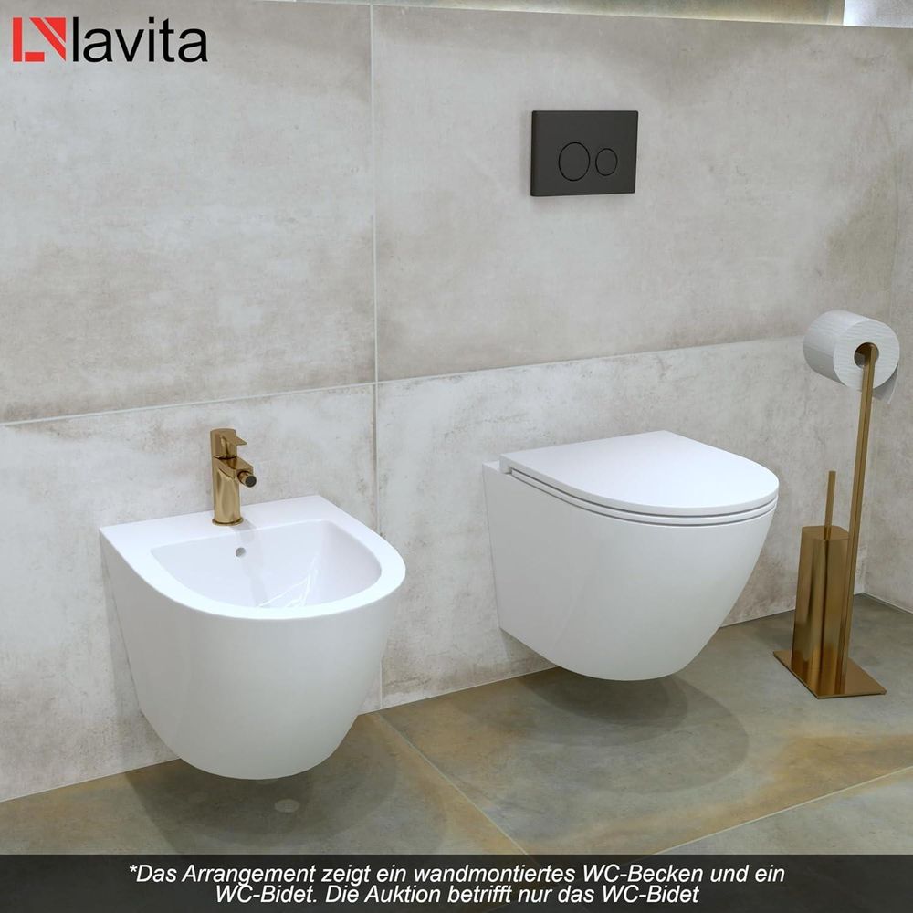 LAVITA Universal Wand-Bidet Sofi mit Hahnloch und Überlaufschutz aus Keramik | Sitzwaschbecken zur Montage an der Wand | Hygienisch |36,5x49x32,5 cm |