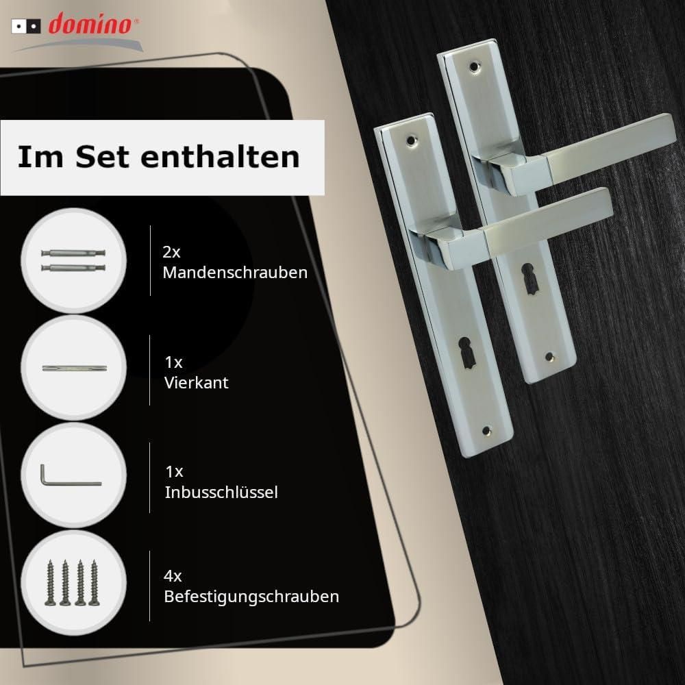 DOMINO Türgriff 72 Drückergarnitur BB-Buntbart Set | Langschildgarnitur | Türklinke für Zimmertür, Bürotür, Kellertür & Innentür | L-Form | Türbeschläge aus Aluminiuml |Chrom/Nickel Türdrückergarnitur | REAL M6/M9