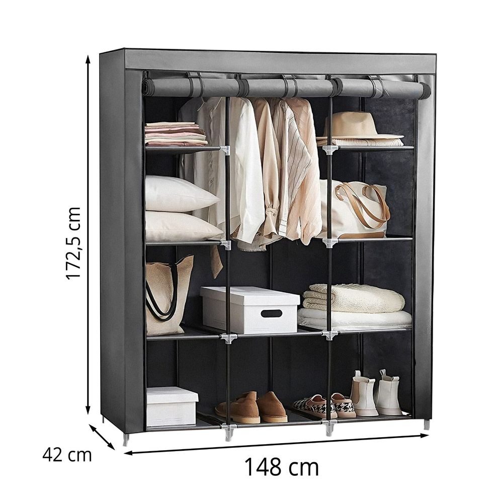 Faltschrank Kleiderschrank aus Stoff mit 2 Kleiderstangen und Ablagen 148x42x172,5 cm Schrank mit Reißverschluss Stoffschrank Faltbar Grau Retoo