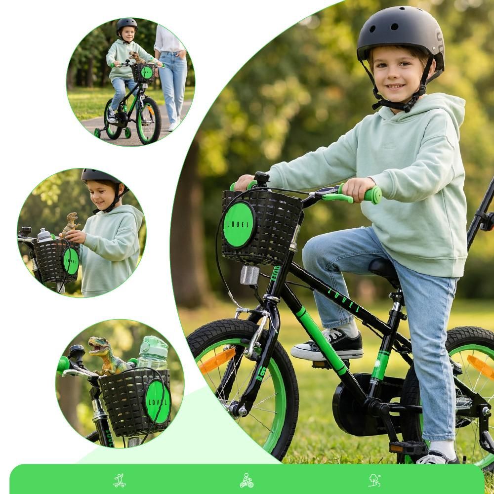 Niño montando la bicicleta en el parque con cesta delantera visible