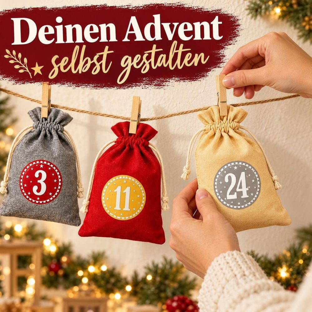 Erwachsene Person befestigt ein Adventskalendersäckchen mit einer Holzklammer