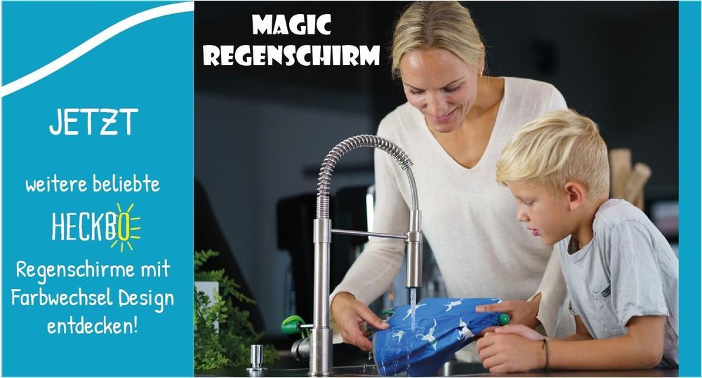 HECKBO Kinder Regenschirm Hai – Farbwechsel bei Regen, vollreflektierend, Holzgriff, mit Namensschild