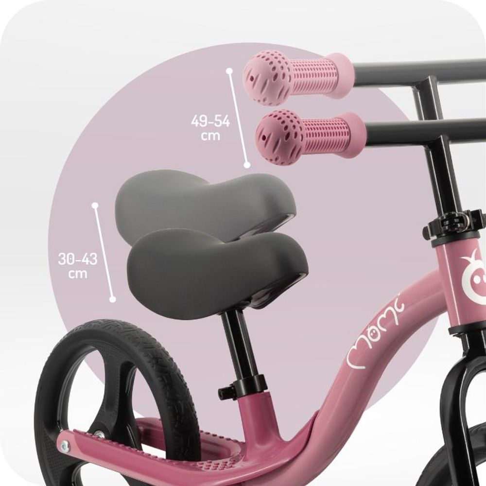 MoMi ISOKA – 10 Zoll Laufrad mit LED-Leuchten (Dynamo), höhenverstellbar ohne Werkzeug, mit Fußstütze, ab 2 Jahren, bis 35 kg – Rosa