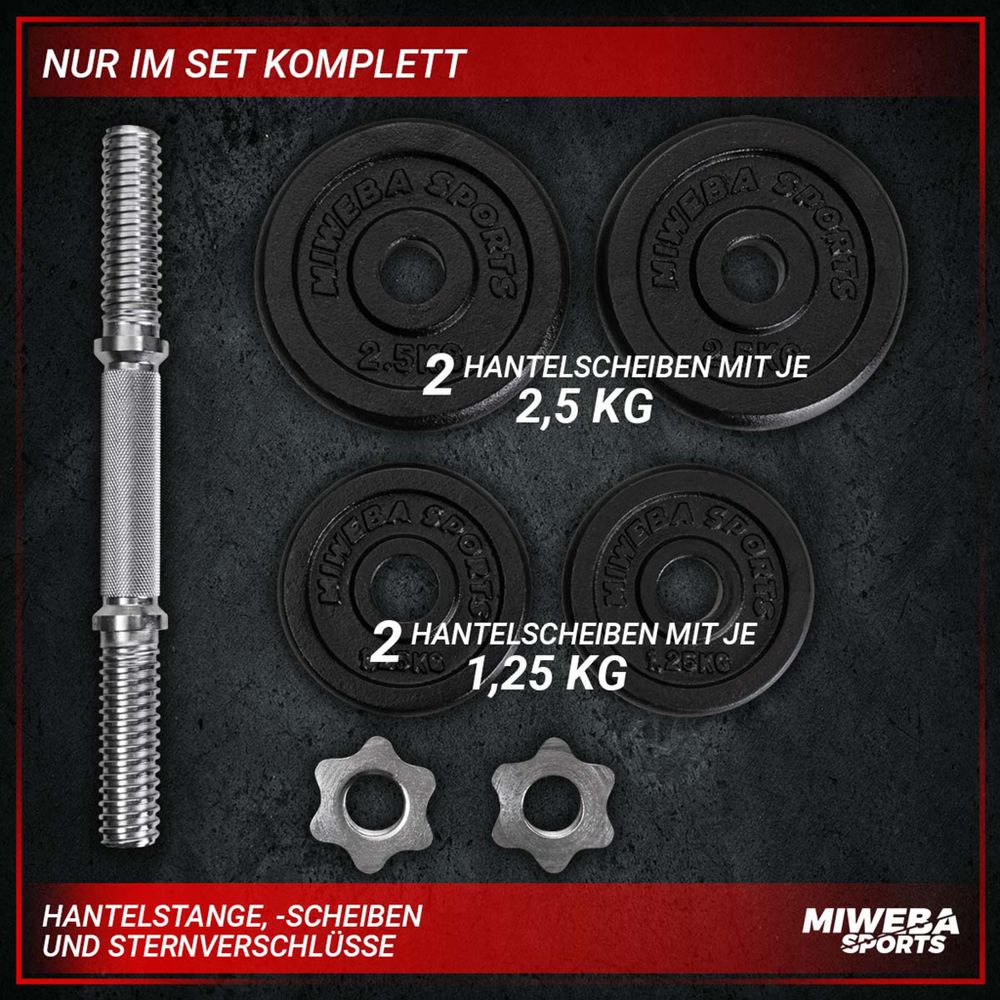 Miweba Sports Kurzhantel MKH110 | inkl. 7,5 kg Gusseisen Gewichte - Stahl Hantelstange - 2x Sternverschluss - 2x 1,25 kg - 2x 2,5 kg - Einzelhantel