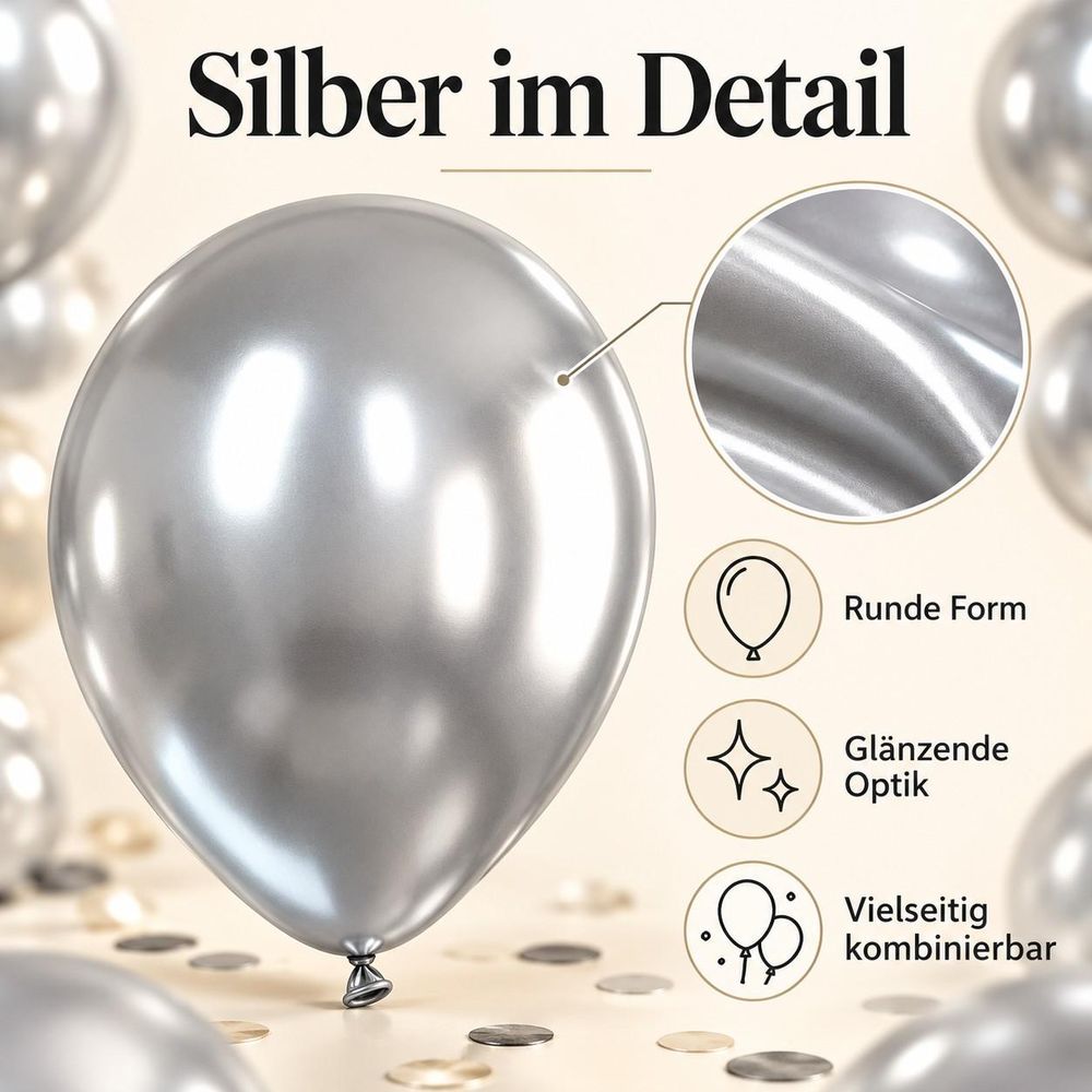 Silberner Luftballon mit Detailansicht und Symbolen zur Gestaltung