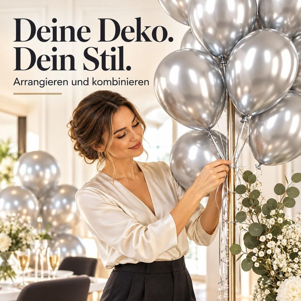 Erwachsene Frau arrangiert silberne Ballons an einem Dekoständer