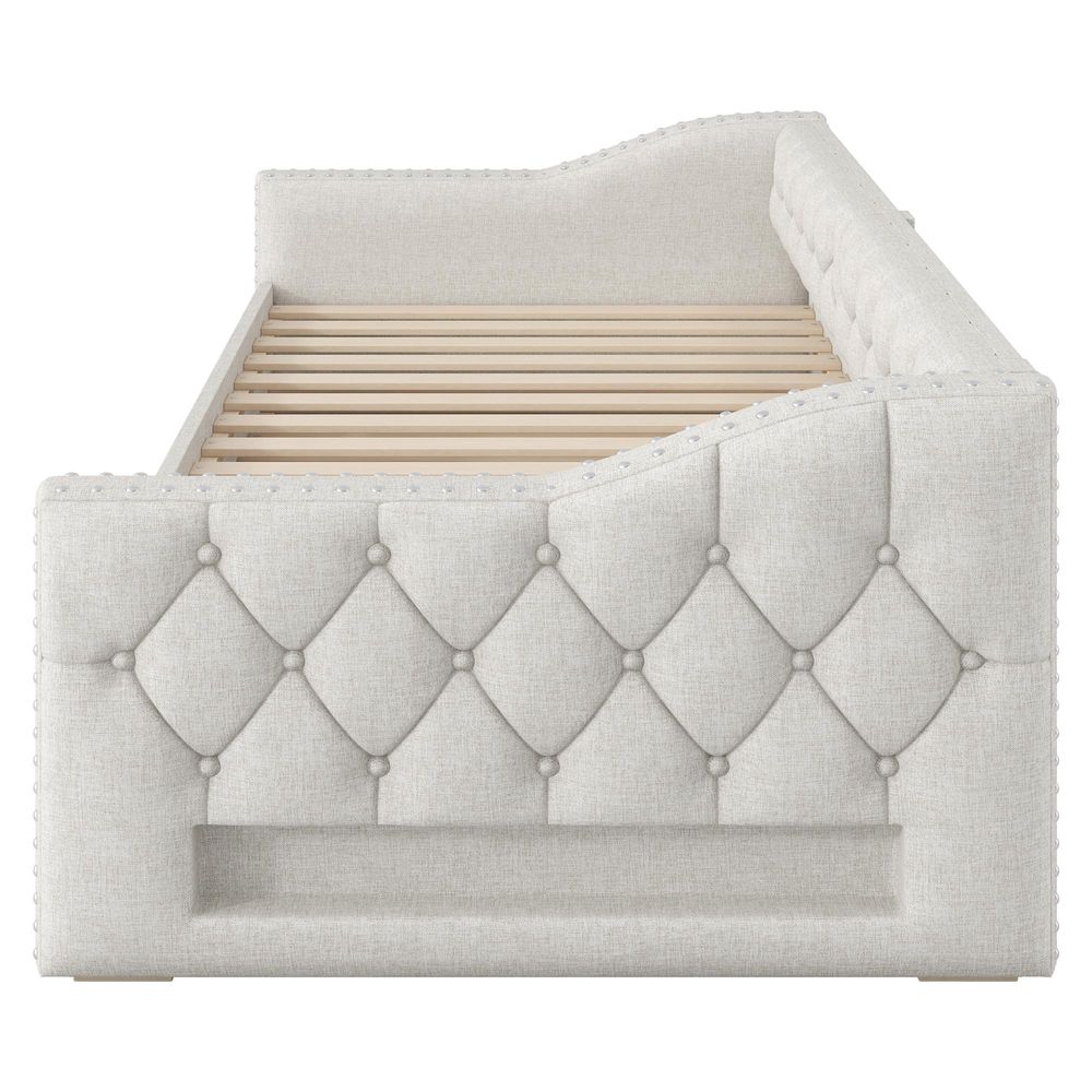 Merax Tagesbett Daybett 90x200 Ausziehbett mit LED-Beleuchtung, 3 Schubladen, Polsterbett für Gästezimmer, Kinderbett, Schlafsofa, Linen, Beige