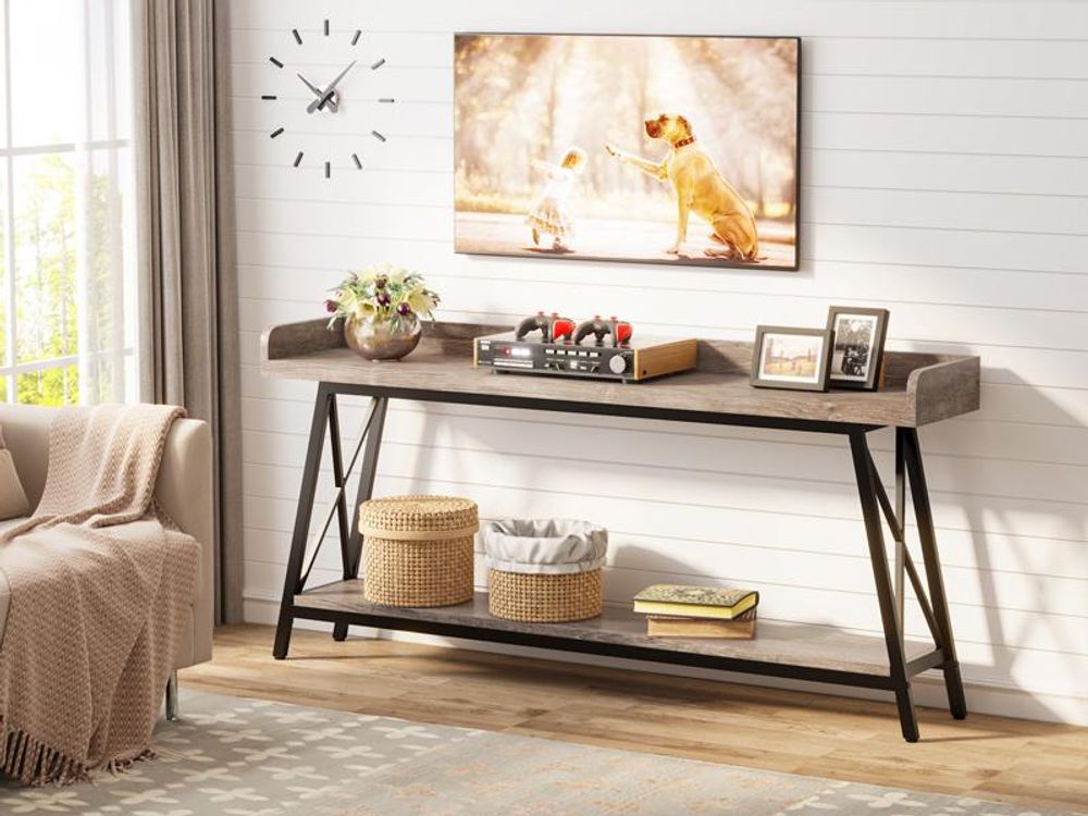 LITTLE TREE 180 cm Extra langer Konsolentisch, rustikaler industrieller Sofatisch für Wohnzimmer, schmaler Eingangsbereich Flur langer Bartisch, Braun