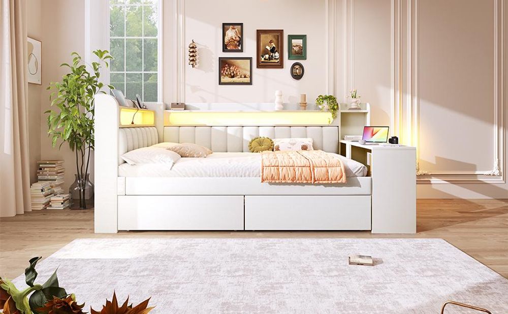 Merax Tagesbett 140x200 mit 2 Schublade, USB-Anschluss, LED, Schreibtisch, Stauraum, Daybett, Schlafsofa Kinderbett mit Leinenkissen, Weiß