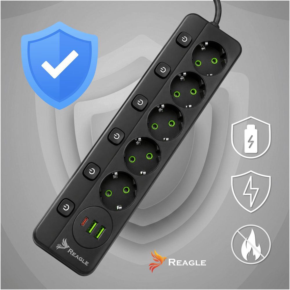 Reagle 3m Steckdosenleiste 5-fach einzeln schaltbar, Mehrfachsteckdose mit 3x USB (1x USB-C Schnellladen), Verlängerungskabel 2500W Schwarz