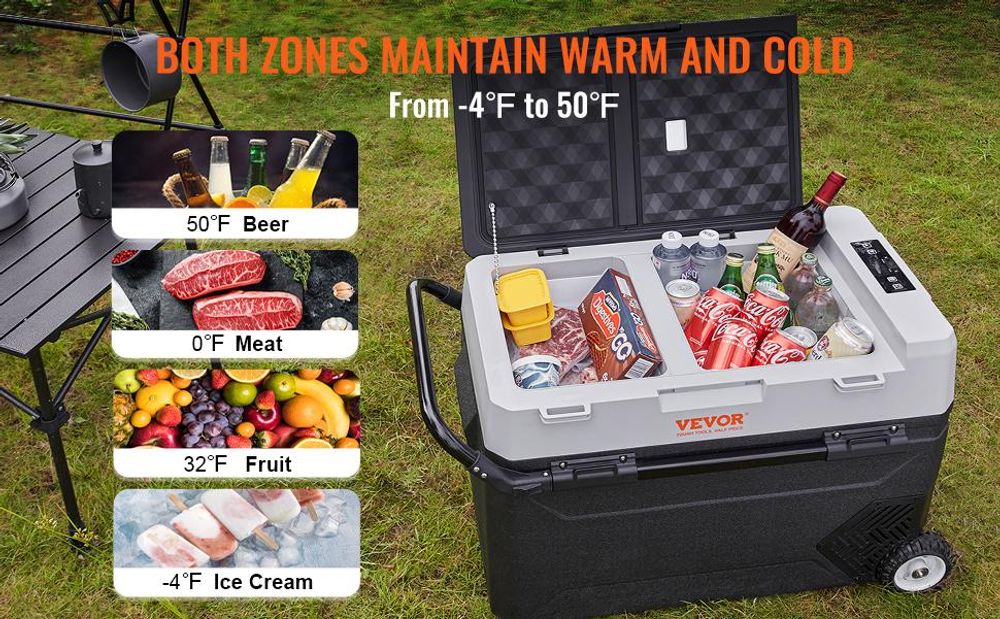 VEVOR Camping Kühlschrank 53 L Kühlbox, 12 / 24 V Rollbare Elektrische Gefrierbox 2 in 1 Doppelzone, Auto Kühlschrank Kompressor zum Warmhalten und Kühlen 60 W Tragbar Handgriff Boot, Lkw, Mobil Grau