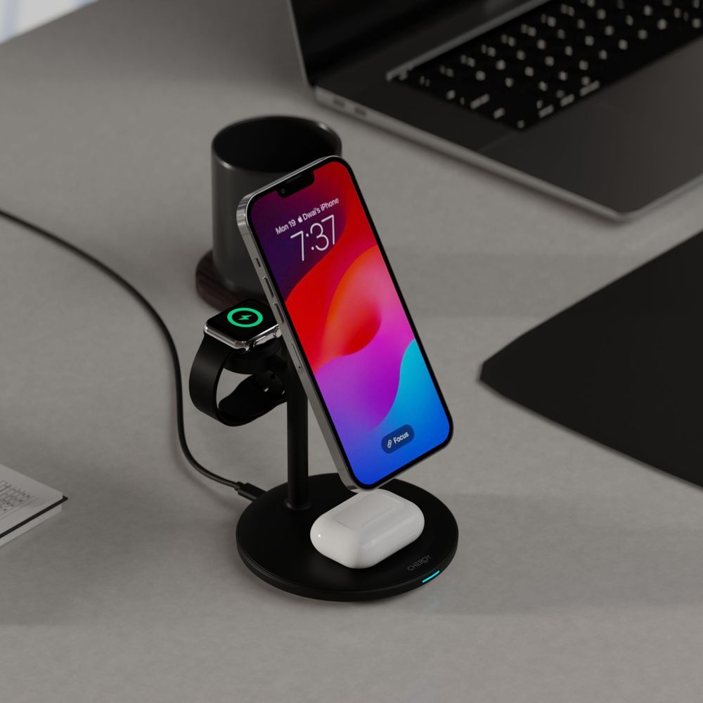 CHEROY PowerTrio 3-in-1 Draadloze Oplader - 15W Qi Oplaadstation - Geschikt voor MagSafe iPhone, Apple Watch, AirPods - Zwart
