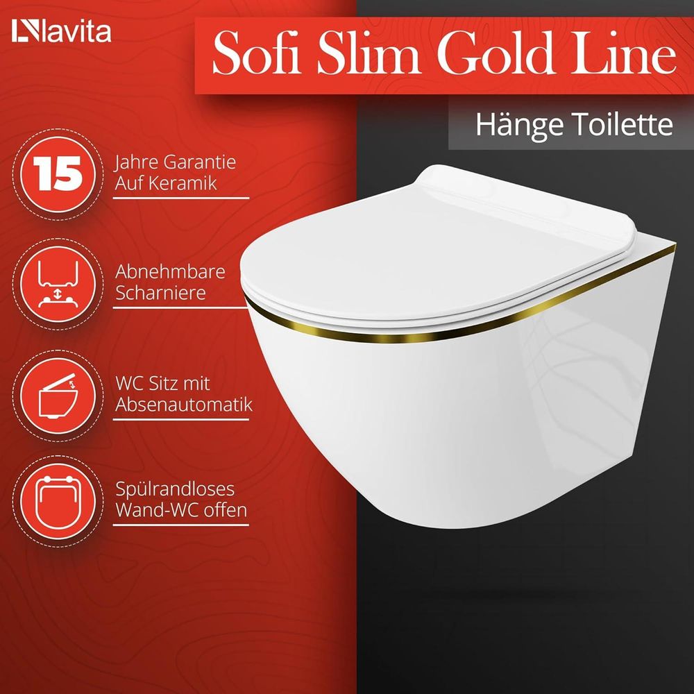GROHE Vorwandelement Solido + Wand Hänge WC Sofi Slim Gold Line Spülrandlos + WC-Sitz SoftClose | Goldener Knopf | Komplettset | Unterputz Spülkasten | Toilette Komplett Sett